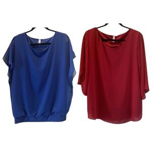2 Women's Double-Layered Chiffon Blouse, Blue Short-Sleeve, Dark Red 3/4-Sleeve
